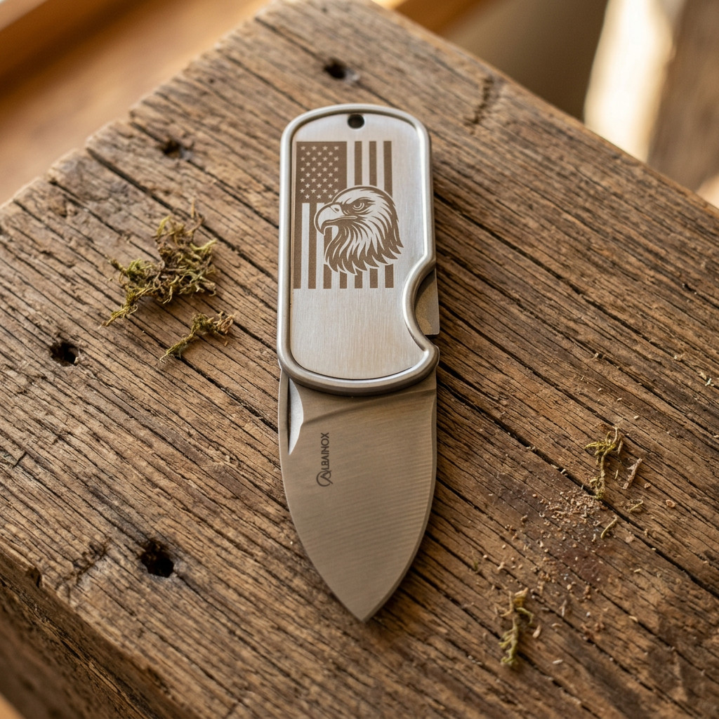 US Flag Eagle Stainless Steel Dog Tag Necklace Money Clip Folding Knife