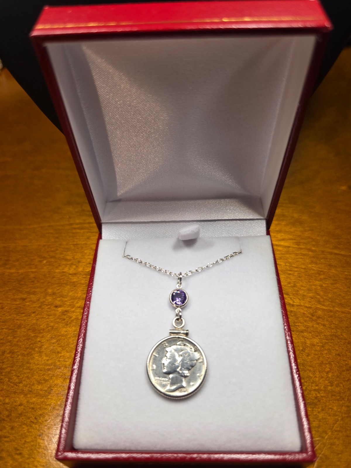 Vintage Mercury Dime Necklace in Sterling Silver 925 / Coin & Amethyst CZ stone