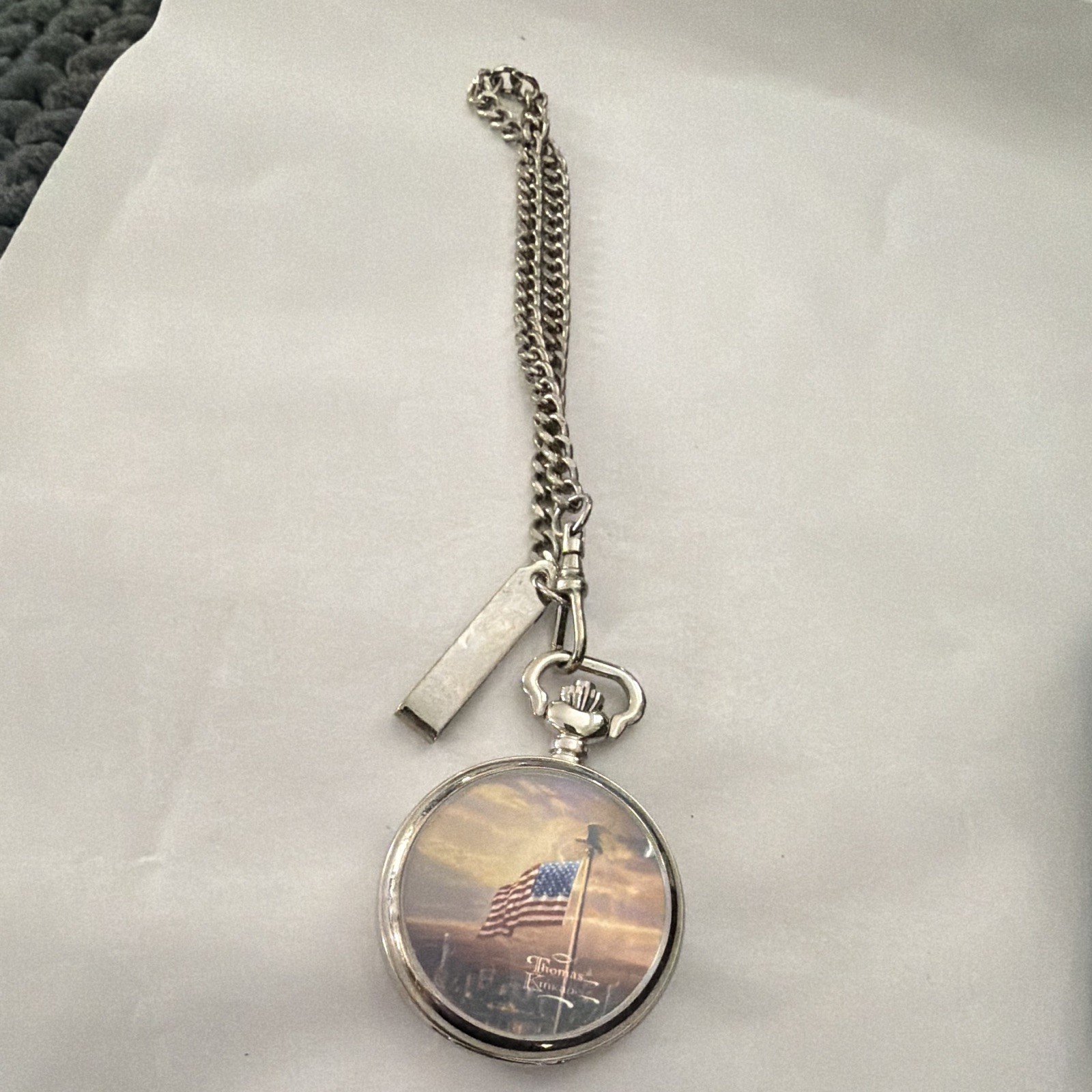 Silver Tone Full Hunter Pocket Watch American Flag Dial Quartz w/ Chain & Box