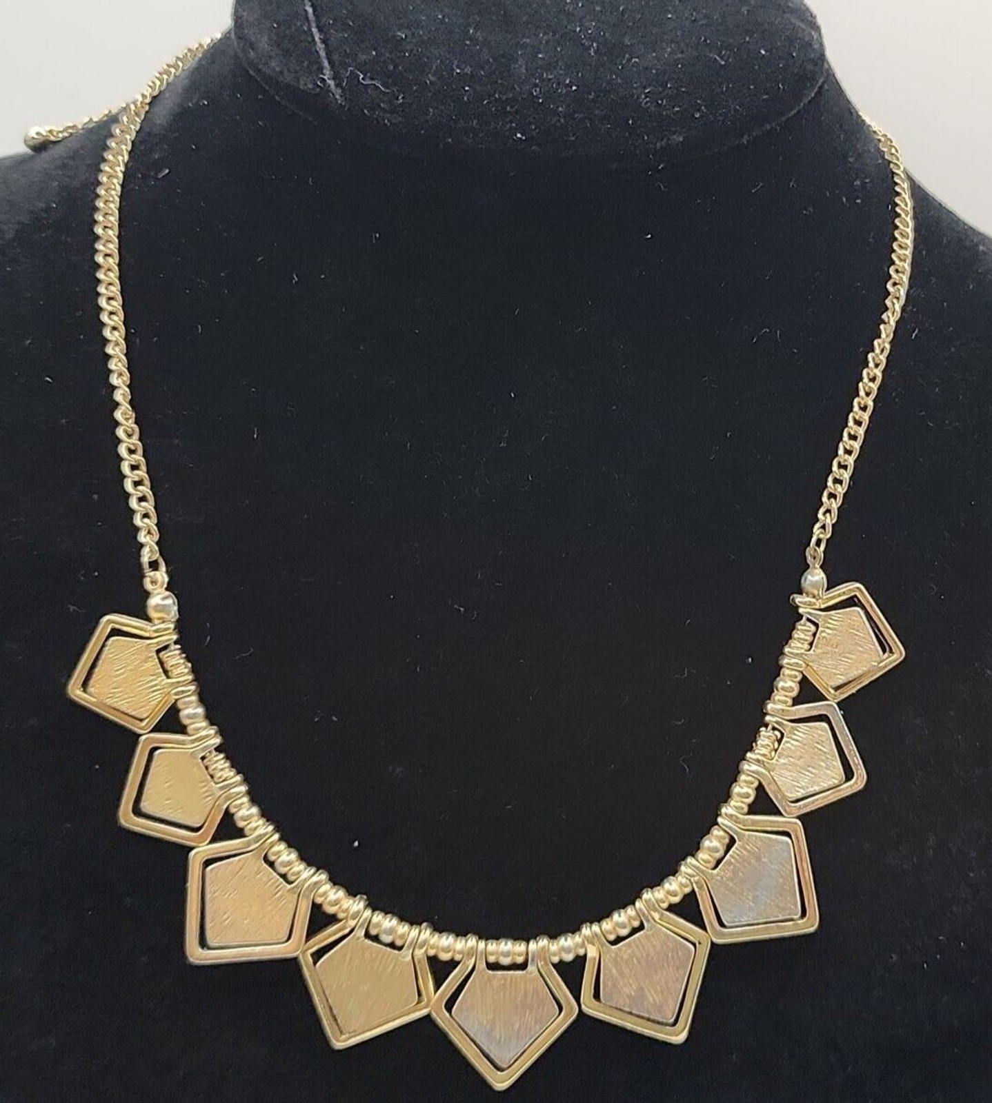 Black Geometric Pentagon Gold Tone Statement Necklace – 17.5″