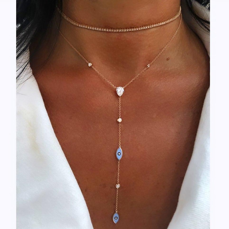 Enamel Evil‑eye Charm Y‑lariat Necklace with White Cz Links, Cute and Stylish Fo