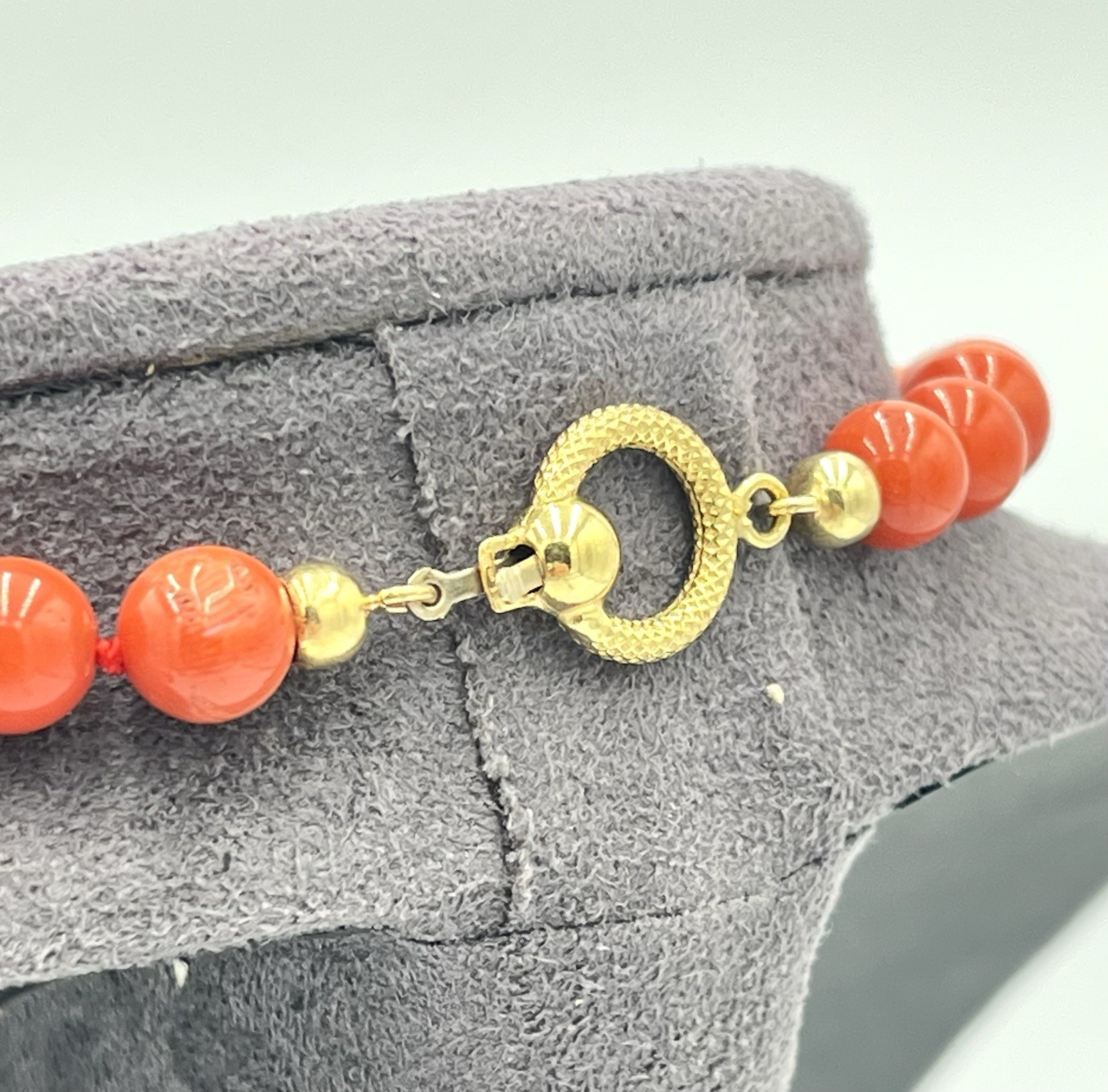 Natural Mediterranean Red Coral Necklace 63cm Balls 7-11mm 18kt Gold Knot