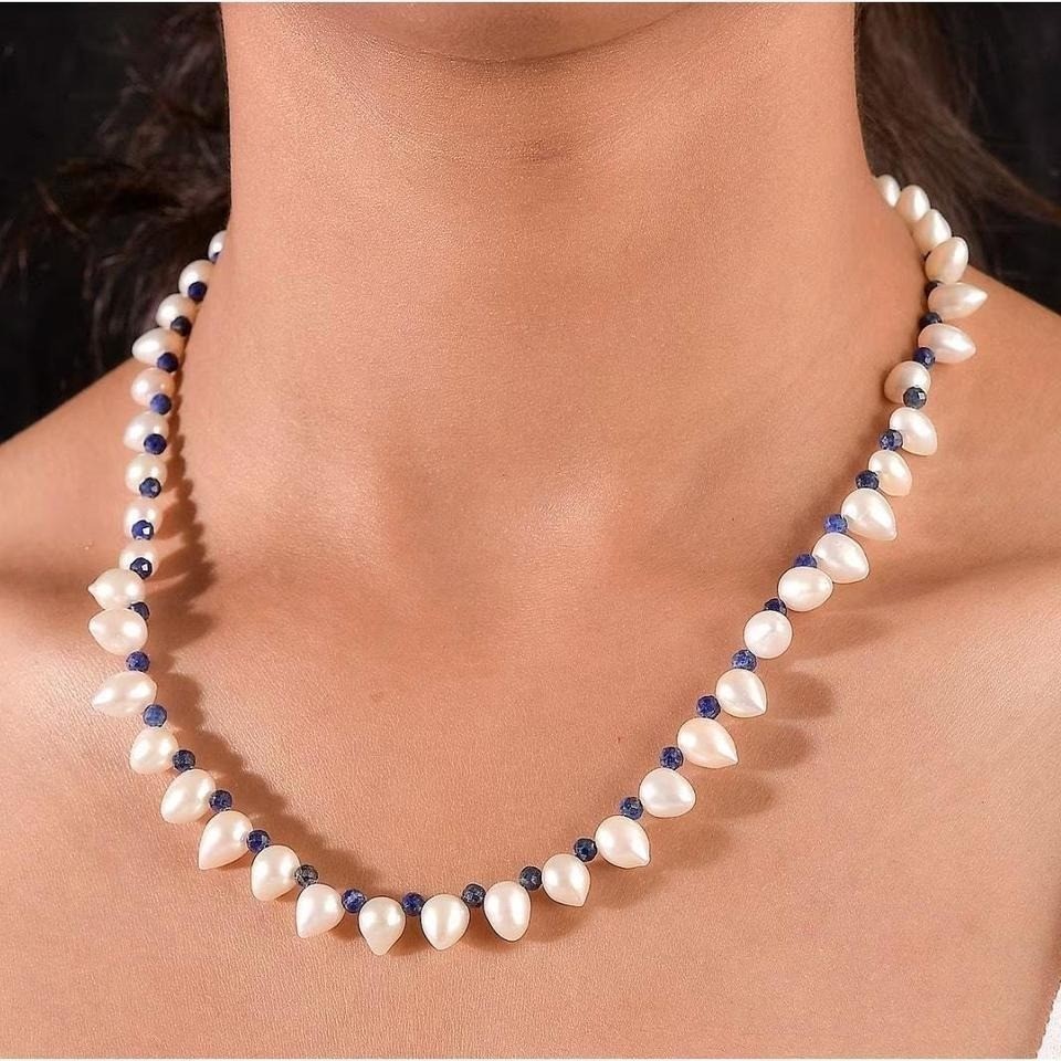 Freshwater Pearl Lapis Lazuli Necklace in Rhodium Over Sterling Silver 18 Inches