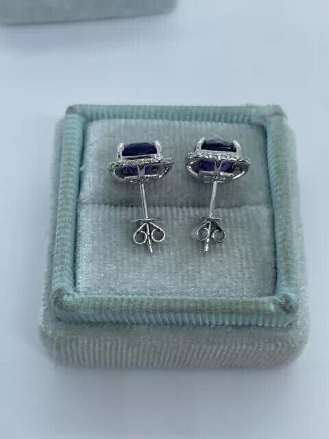 Cushion Cut Simulated Amethyst Gorgeous Halo Stud Earring 14k White Gold Plated