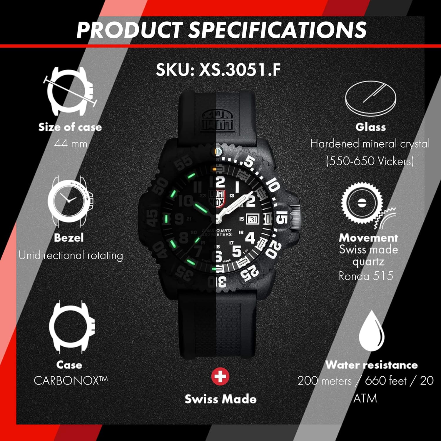 Navy Seal 3050 Watch – Carbonox Case, Black Dial, 20ATM Water Resistant
