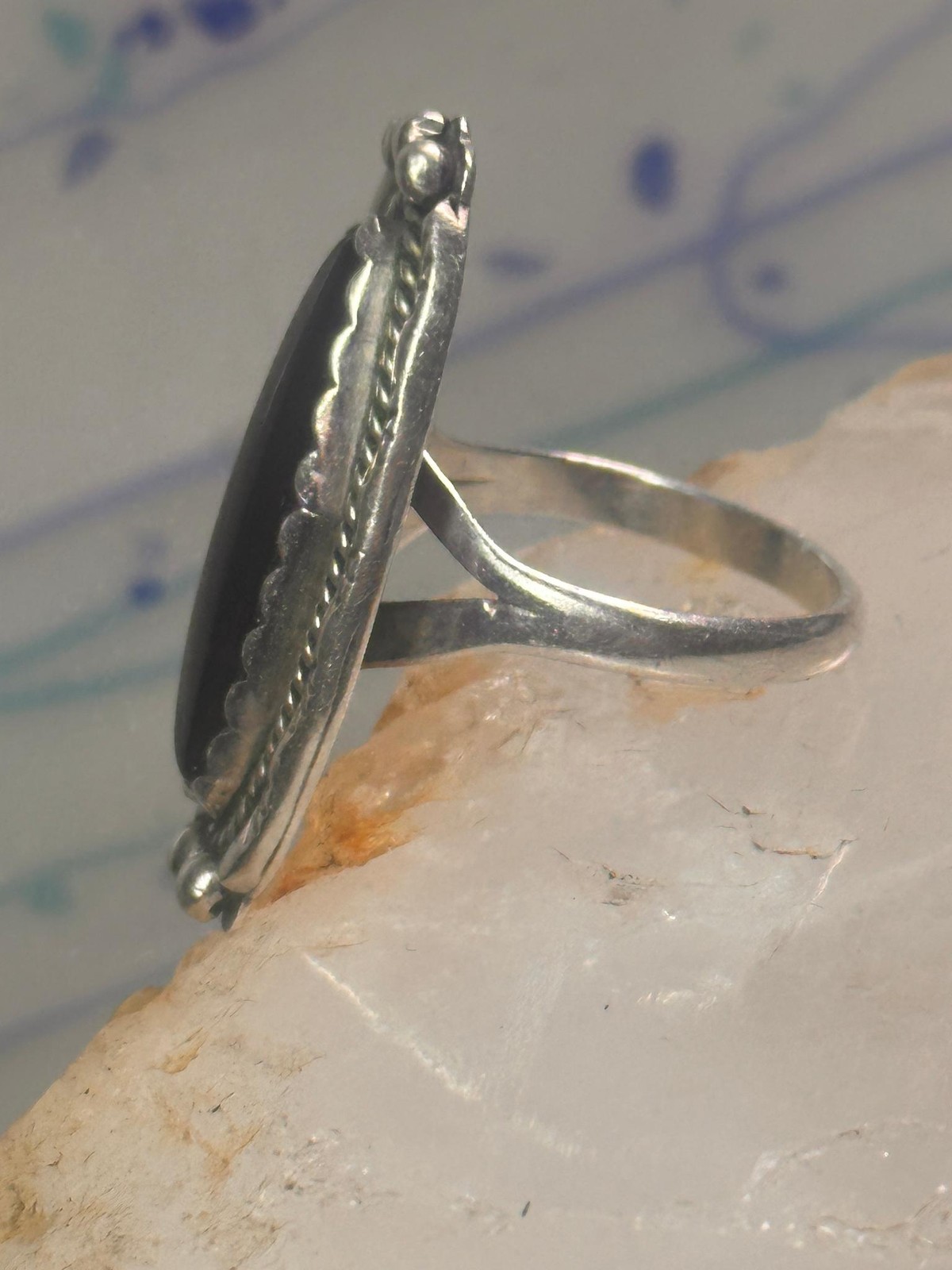 Navajo Ring Long Onyx size 6.5 sterling silver women girls signed LY