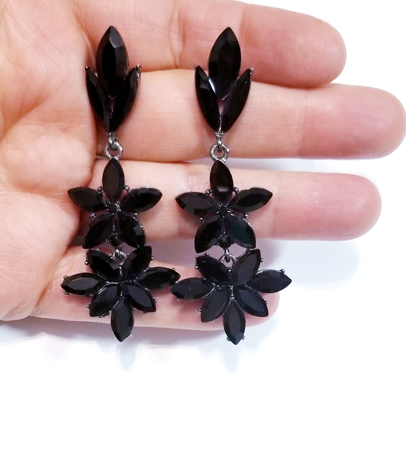 Bridesmaid Drop Dangle Chandelier Earrings 2.8 in Black Rhinestone Pageant Prom