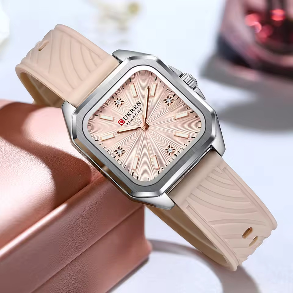 CURREN Womens Pink Leather Watch Square Quartz Dress Casual Waterproof 30mm
