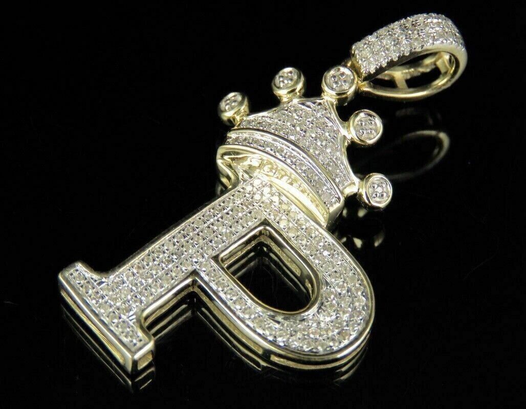 Initial Letter Crown P Pendant 2Ct Simulated Diamond 14K Yellow Gold Plated
