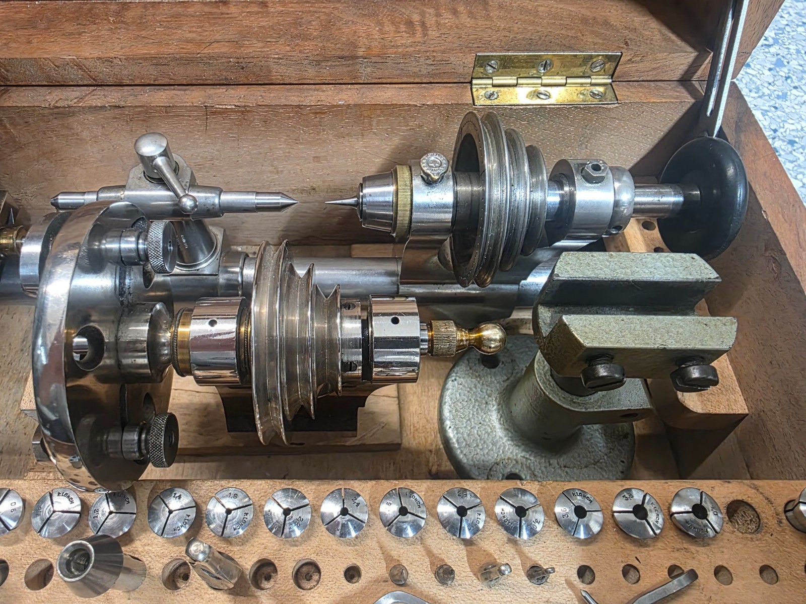 Watchmakers Lorch 8mm Lathe Kit Box Vintage Cross Slide, face plate, original
