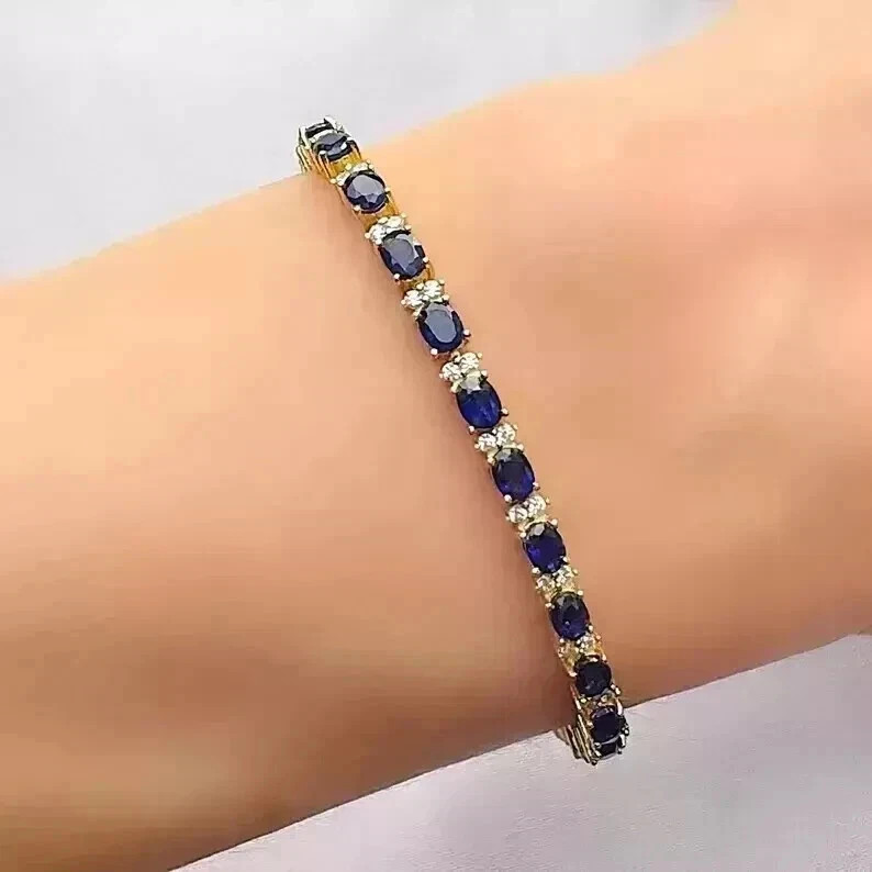 7Ct Oval Cut Lab-Created Blue Sapphire Tennis Bracelet 14K Yellow Gold Plated