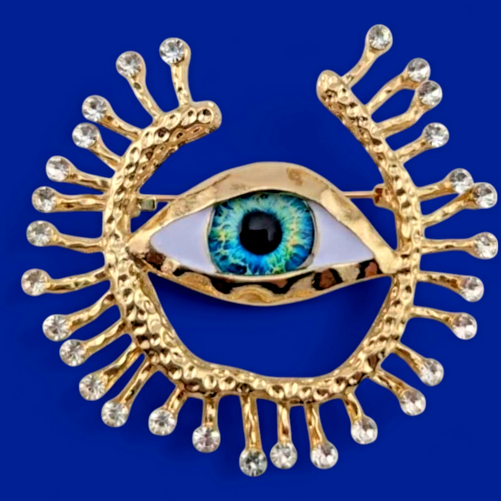 MODERNIST MYSTIC EYE BROOCH goldtone brutalist crystal rhinestone pin evil E1