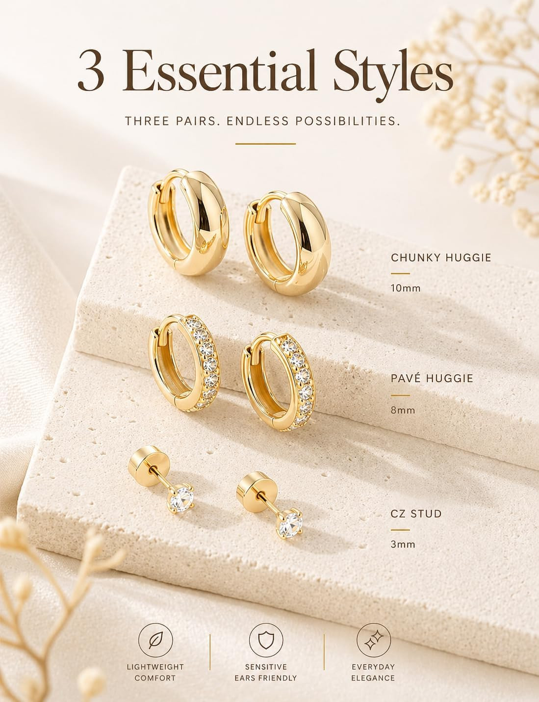 Gold Earring Stack for Women, 3 Pairs 14K Gold Plated Small Huggie Hoop & CZ Stu