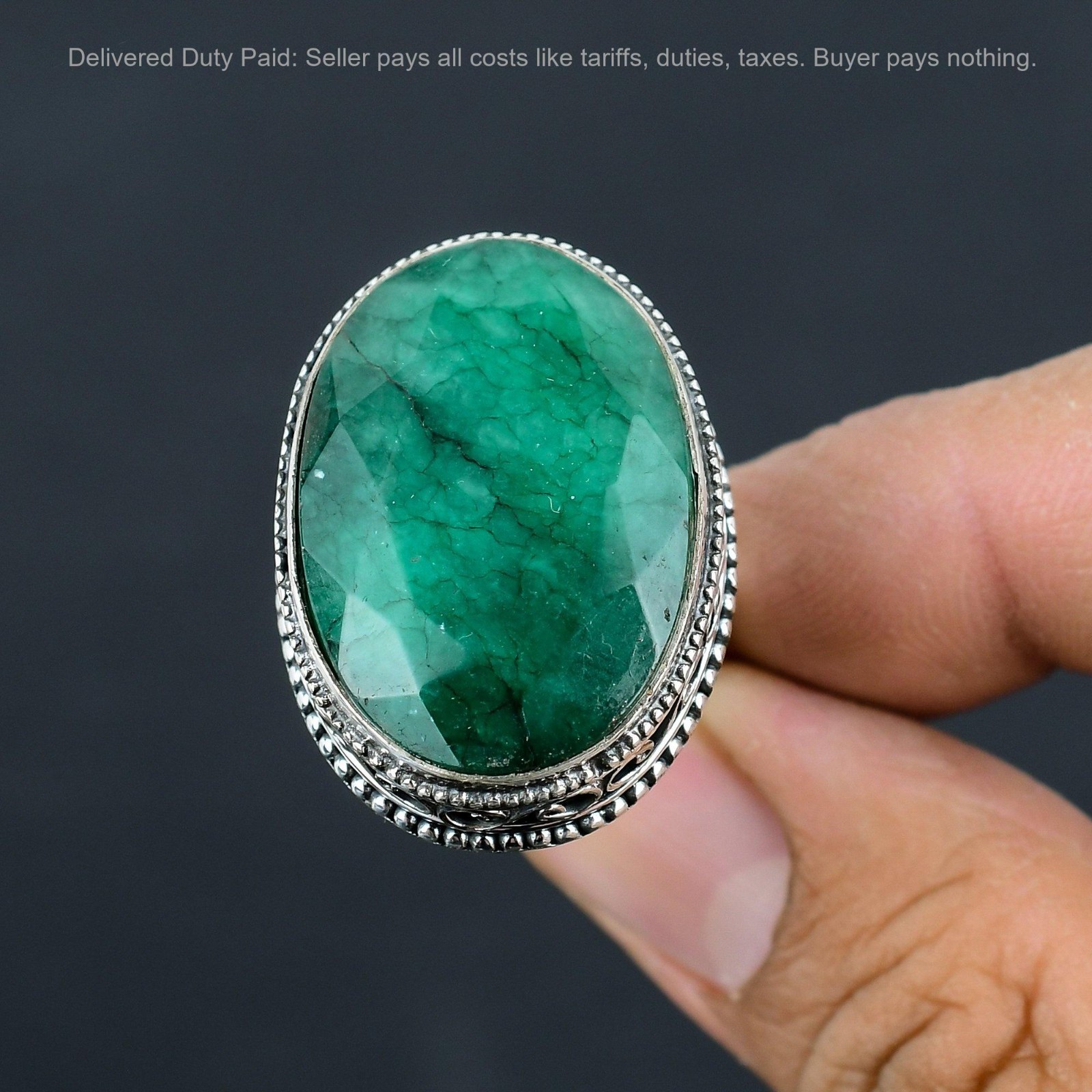 Oval Zambian Emrald Gemstone Sterling Silver Anniversary Statement Vintage Ring