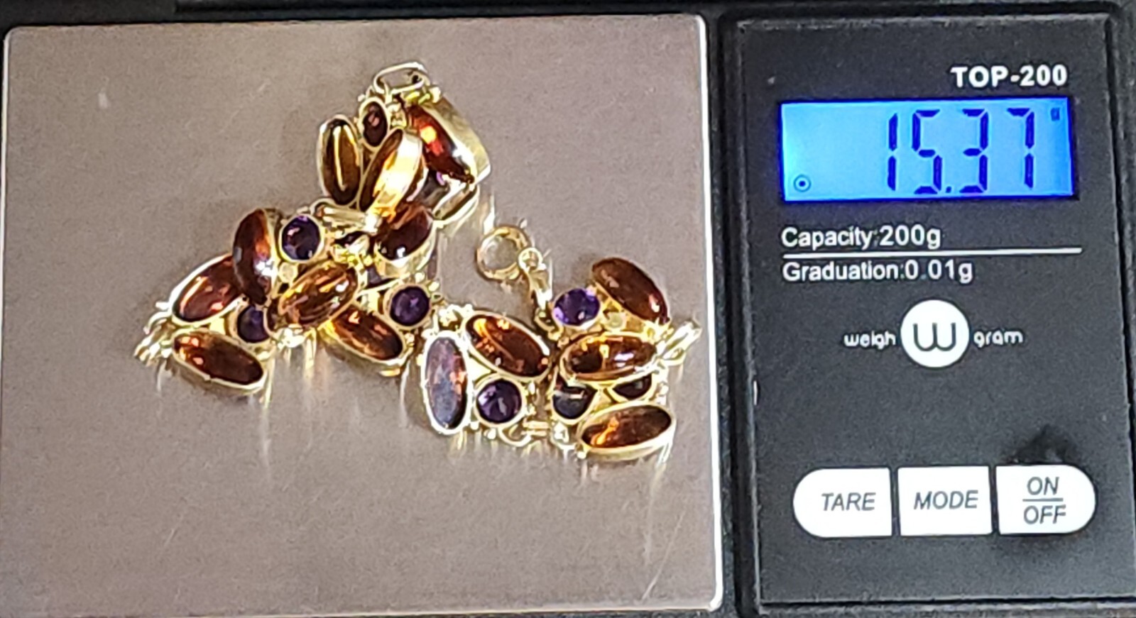 Antique 14k Yellow Gold Natural Amethyst & Amber Handmade Bracelet Leaf 7″ 15g