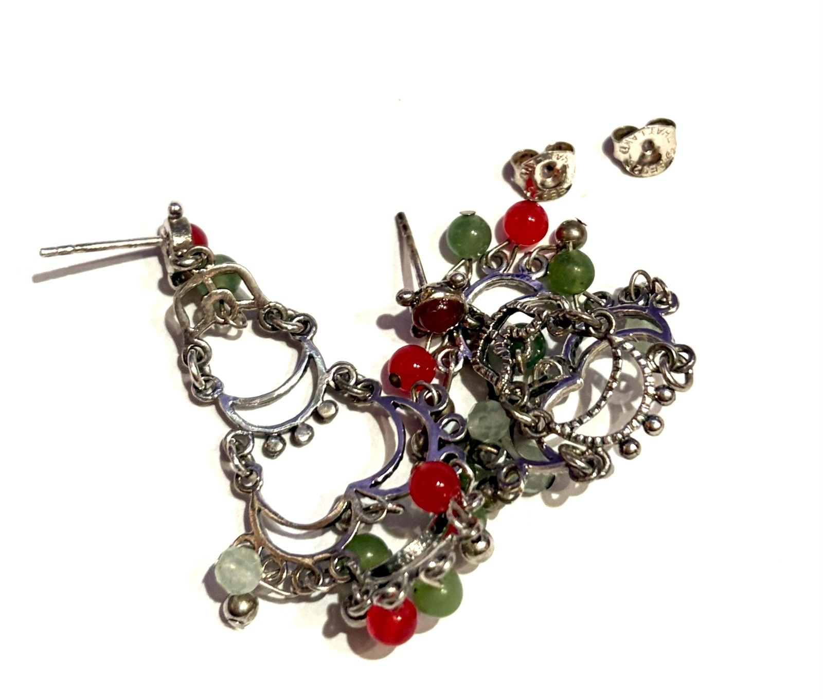 Signed Sterling 925 Thailand Boho Chandelier Green Red Jade Dangle Earrings