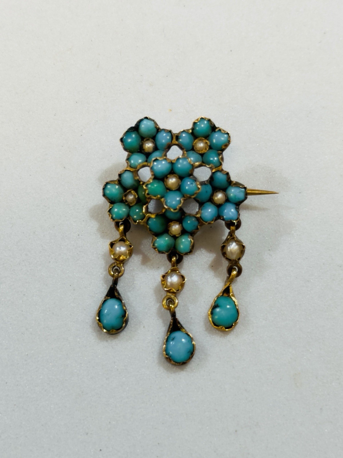 Antique Victorian 14k Gold Turquoise Seed Pearl Brooch 1 1/8”