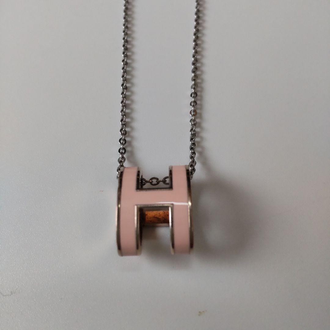 HERMES Pop H Mini Necklace Pink Silver Chain Pendant Logo from Japan