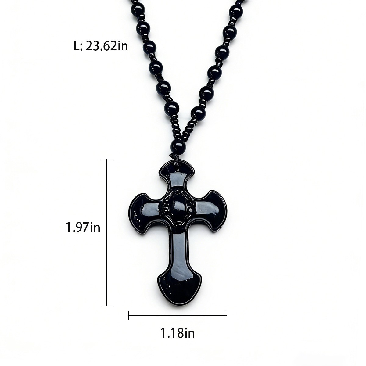 Black Glass Cross Pendant Necklace, Imitation Obsidian Beaded Christian Jewelry