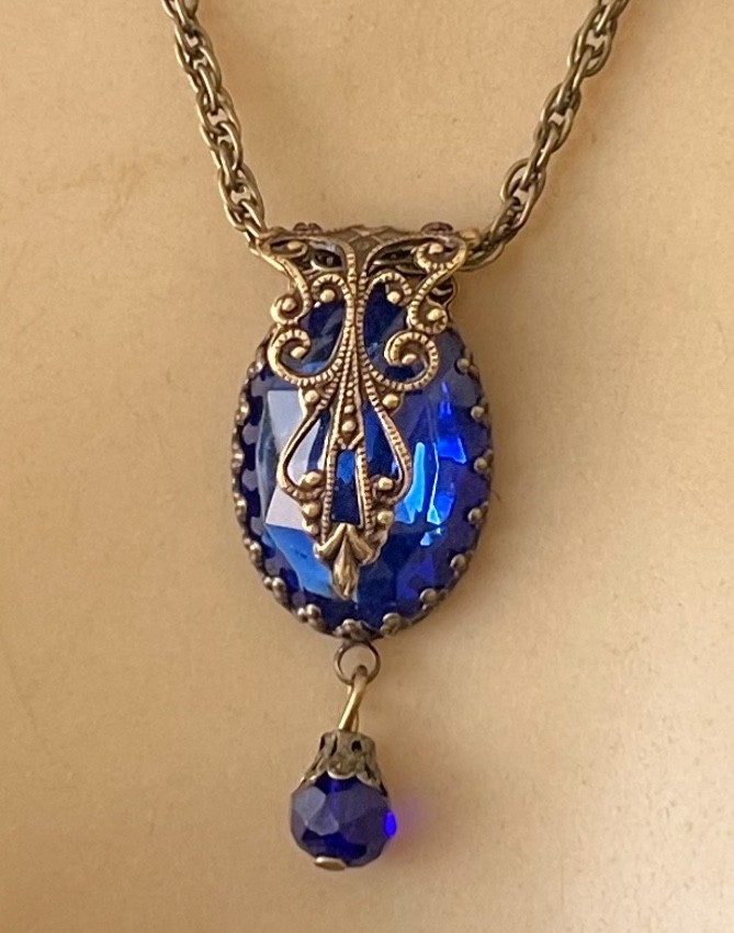 Blue Necklace Victorian Revival Brass Filigree Czech Glass Rhinestone Pendant
