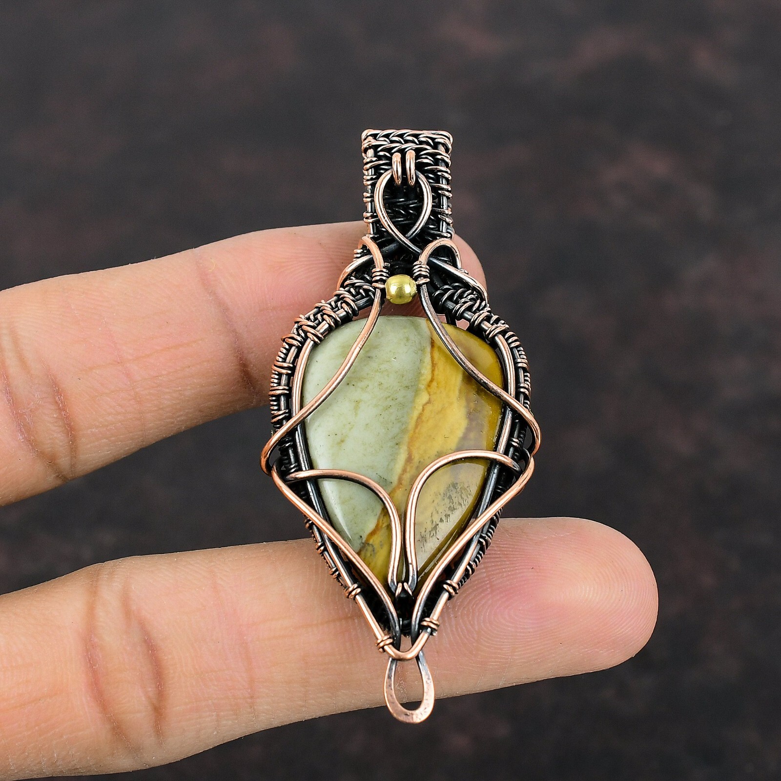Polychrome Jasper Wire Wrapped Pendant Handcrafted Copper Unique 2.76″