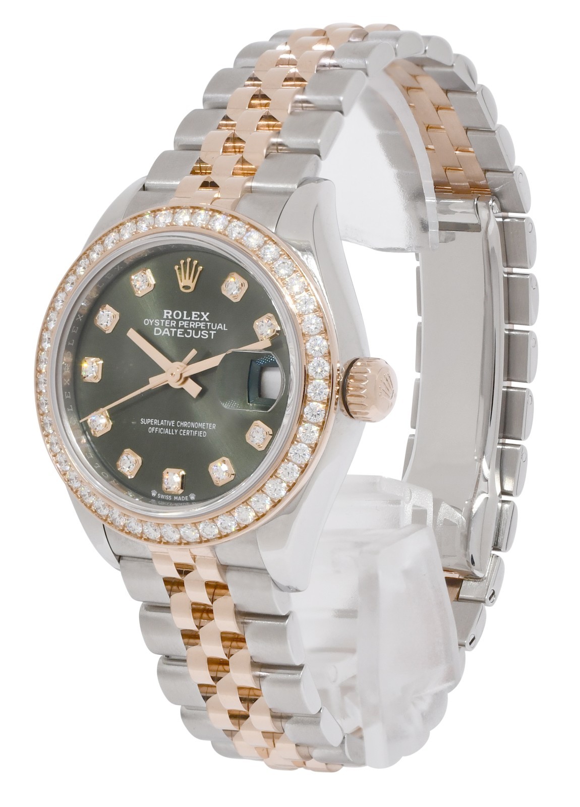 Rolex Datejust 28 Rose Gold/Steel Olive Green Diamond Watch +Card ’22 279381RBR