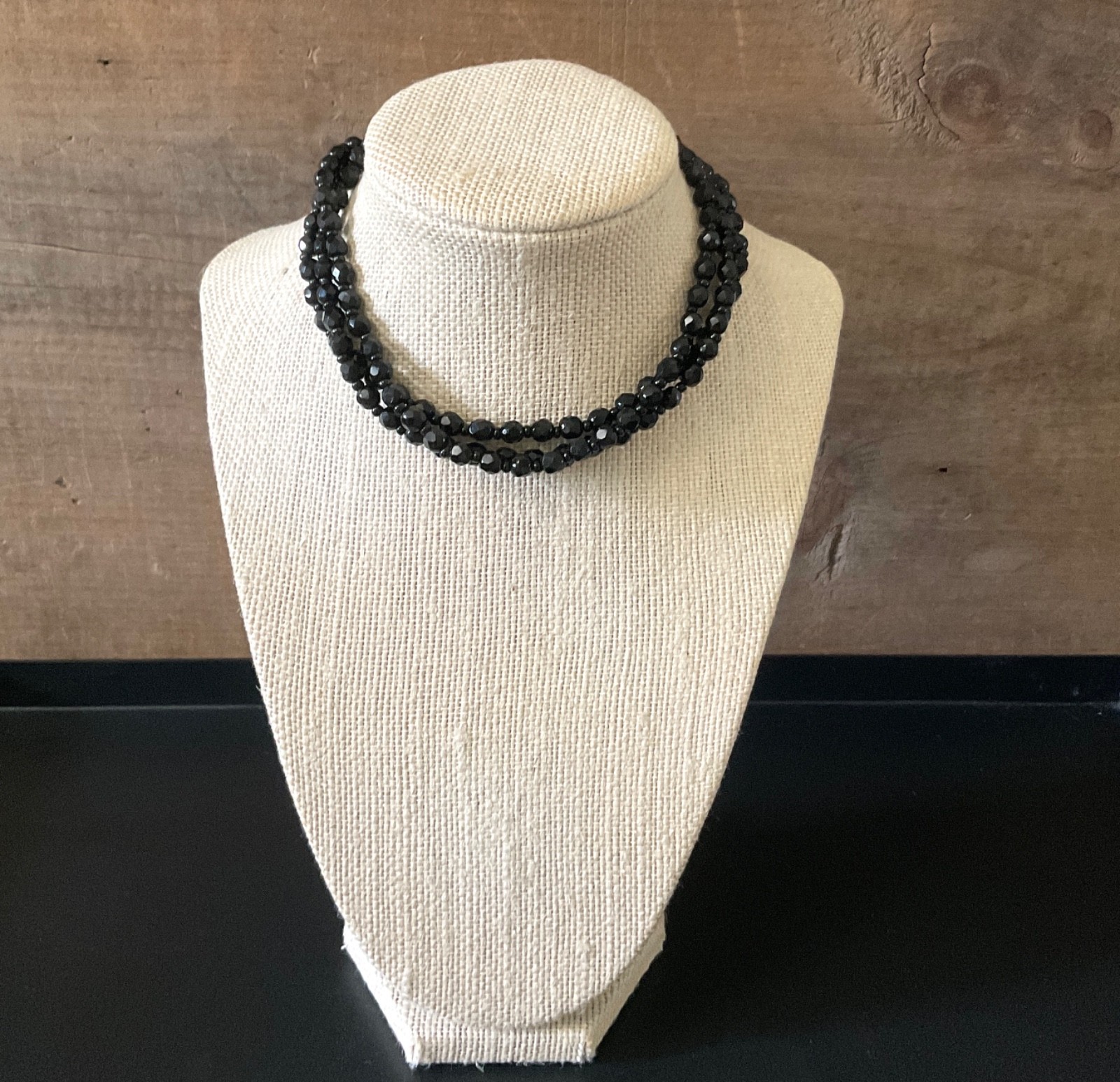 Vintage Black Glass Beaded Necklace Art Deco Adjustable Choker Antique Jewelry