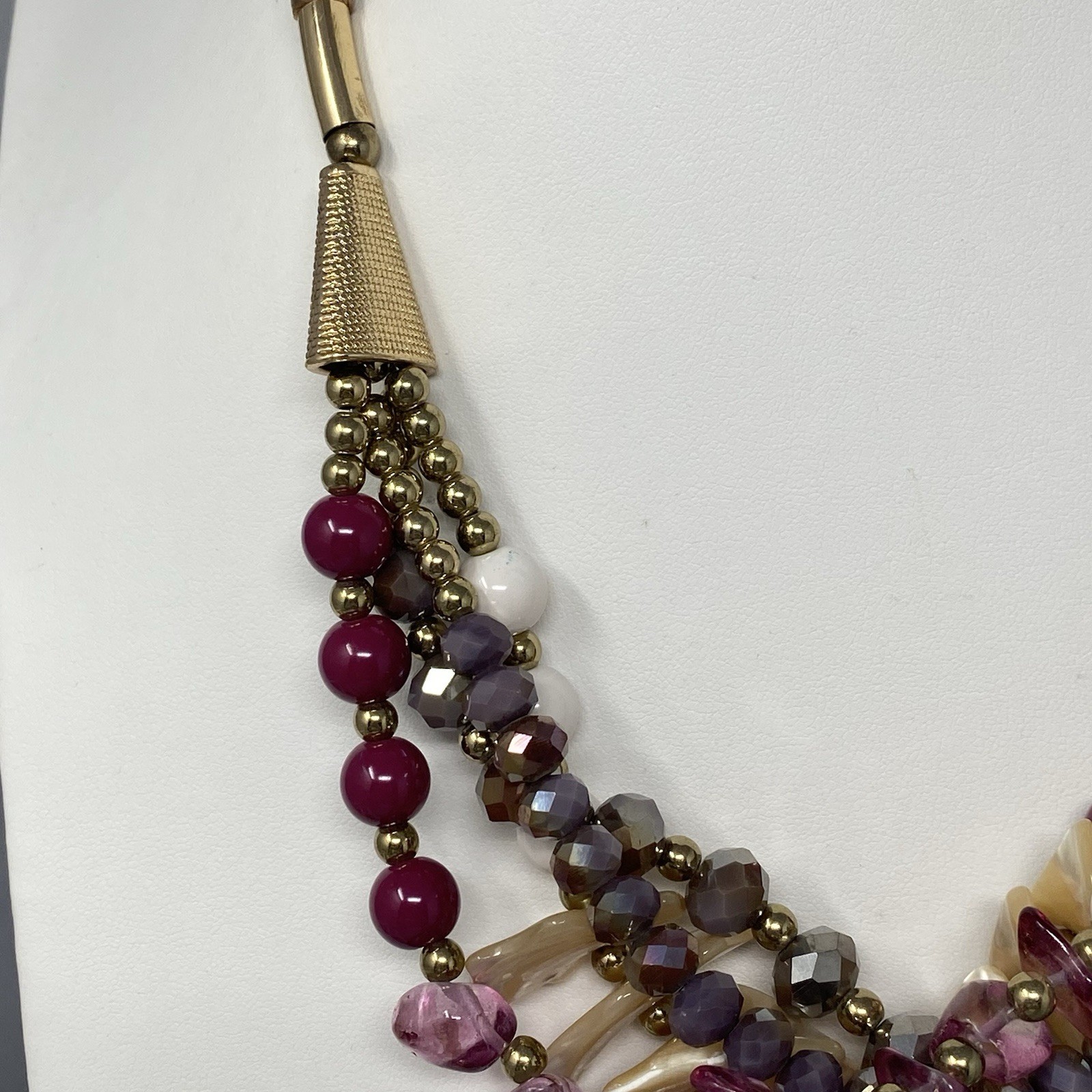 Chunky Statement Layered Necklace Mauve Purple Glass Shell Acrylic Gold Tone 21″