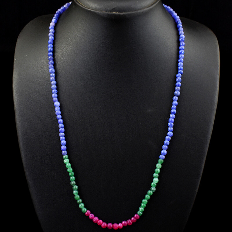90.00 Cts Earth Mined Ruby, Emerald & Sapphire Round Beads Necklace JK 04E203