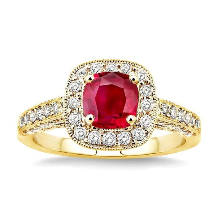 1.5ct Lab-Grown Diamond & Natural Ruby Halo Engagement Ring Real 1OK Yellow Gold