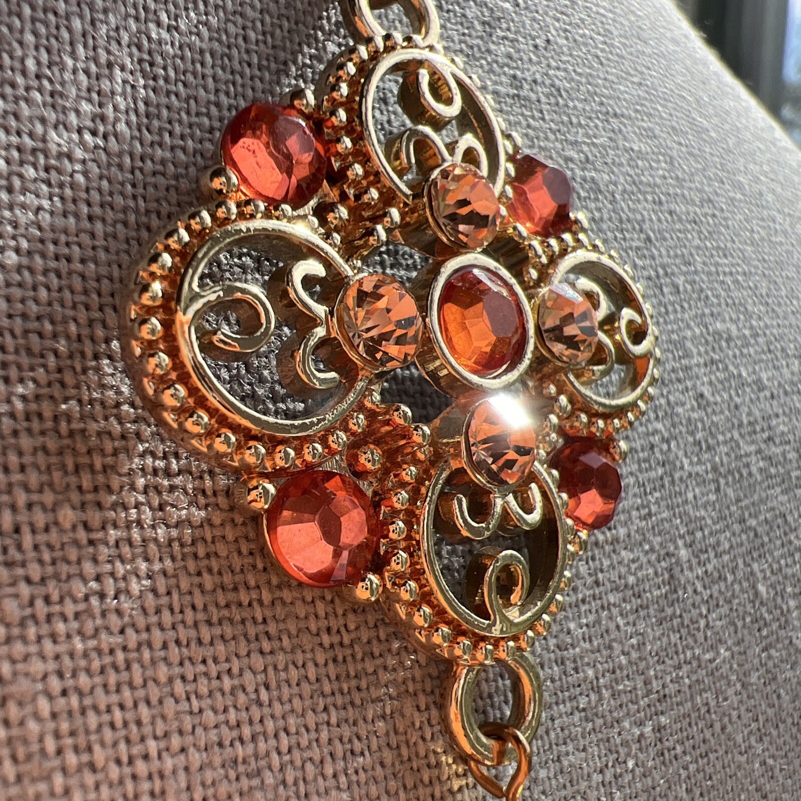 Mid-Century Orange /Pink Rhinestone Gold Tone Tassel Statement Necklace Fabulous