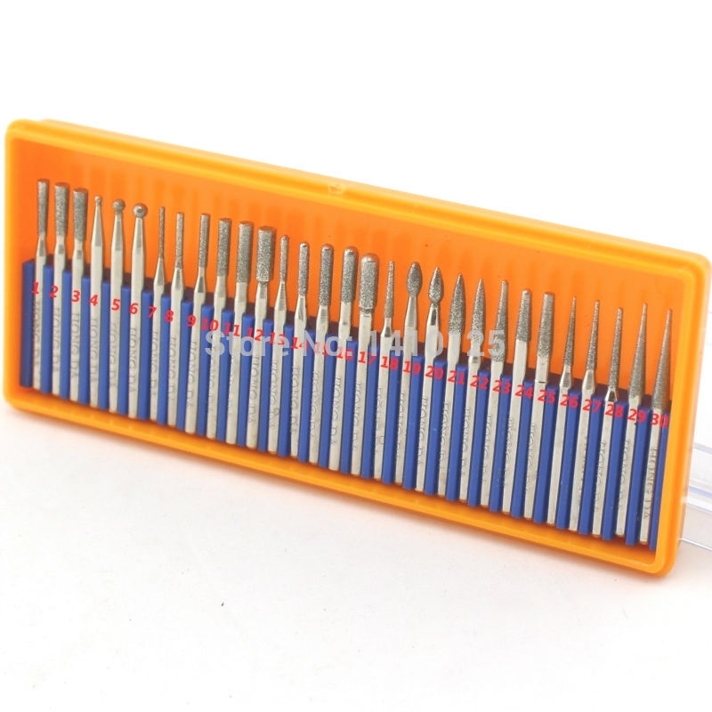 30 Pcs Bur Diamond Grinding Head Set Coated Carving Burrs Rotary Shank 2.35mm
