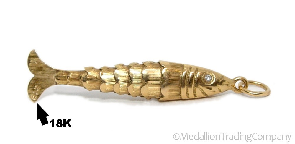 Antique 18k Yellow Gold 1.75″ Diamond Articulate Chinese Koi Fish Pendant Lot 4