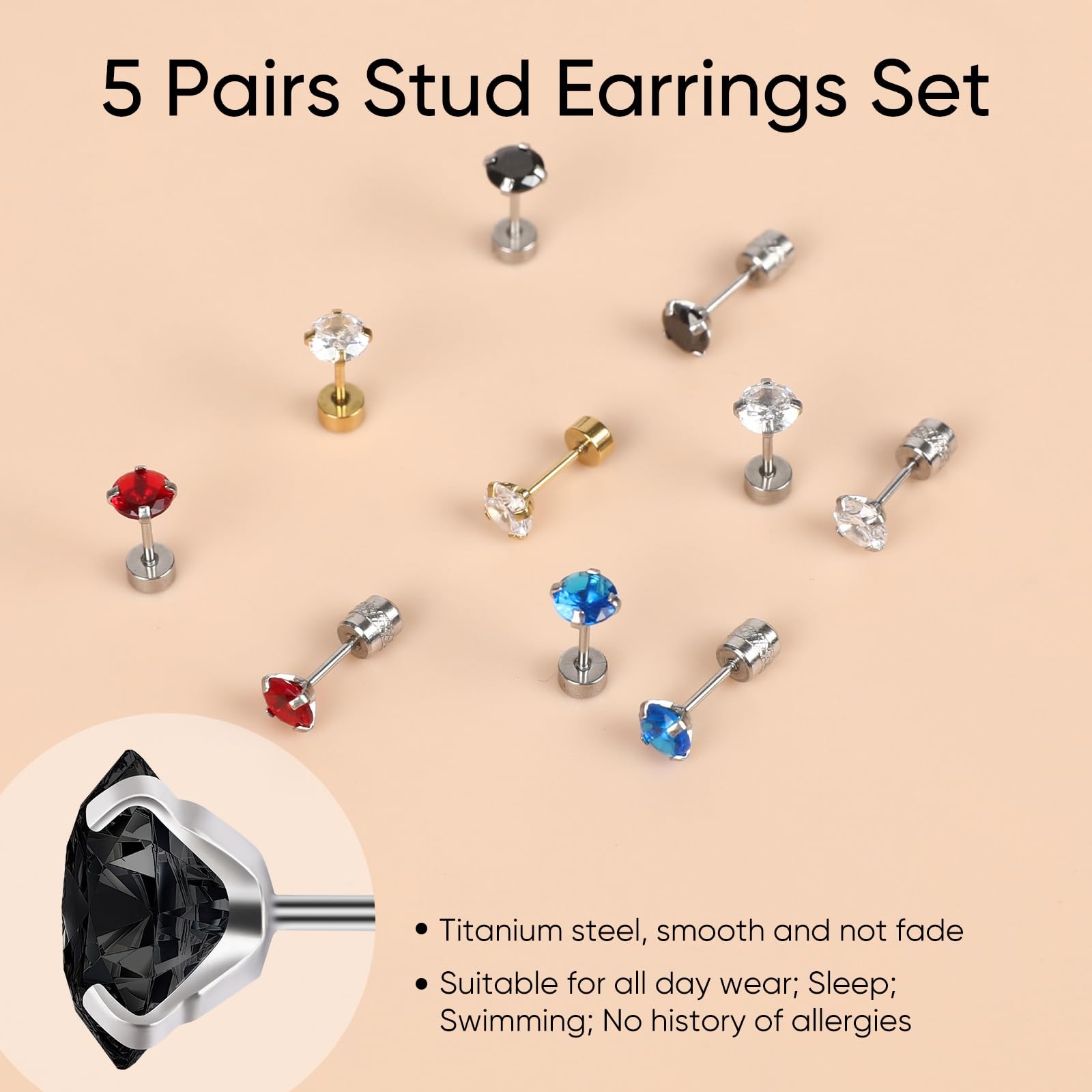 5 Pairs Flat Back Stud Earrings for Women, (5mm)x5, Blend Gem(Steel Color)