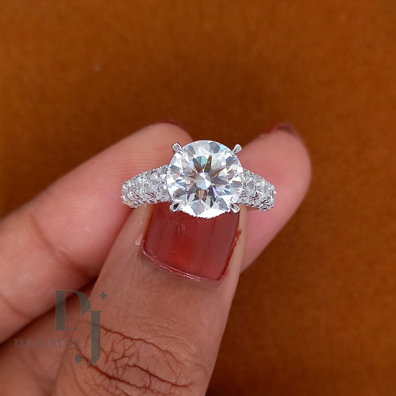 Solid 14K White Gold 3 Ct Excellent Round Cut Moissanite Engagement Ring