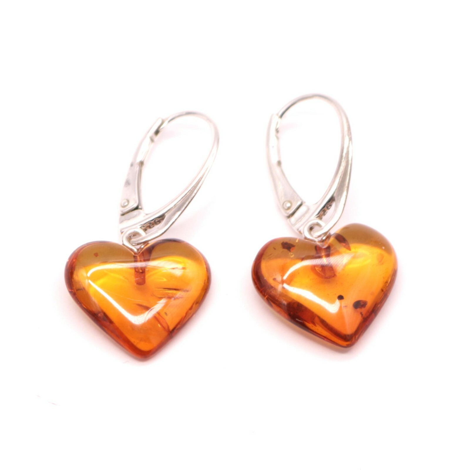 Heart Shape Baltic Amber Dangle Earrings Cognac Color Sterling Silver 925