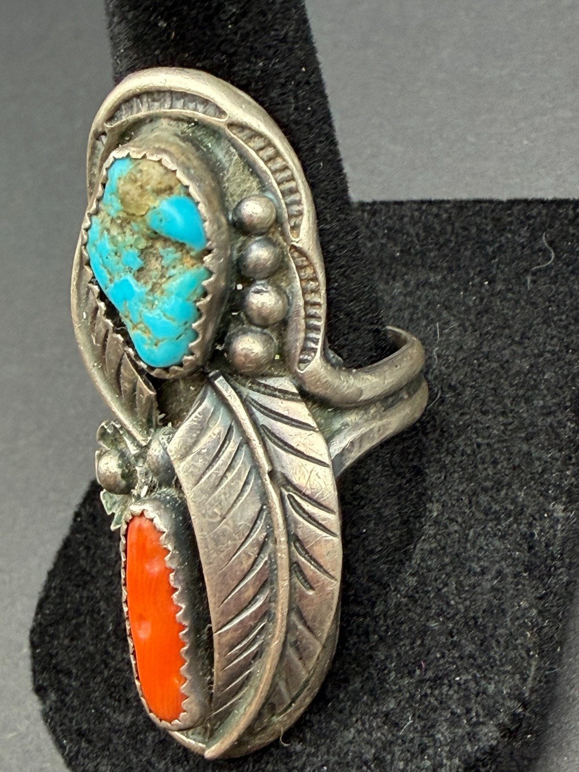 Vintage Navajo Turquoise Coral Sterling Silver Feather Ring Size 10.5 14.29g