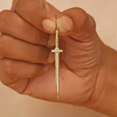 Round Cut Simulated Diamond Stunning Sward Fancy Pendant 14K Yellow Gold Plated
