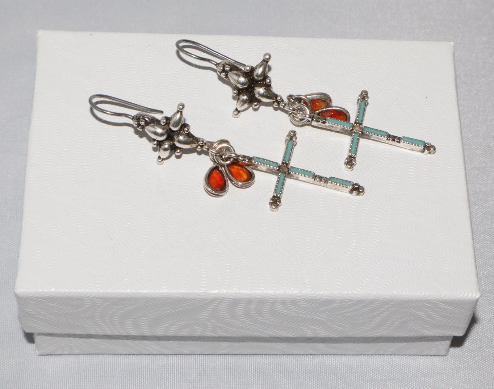 Sterling Silver Blue Enamel Cross Amber Stone Dangle Earrings