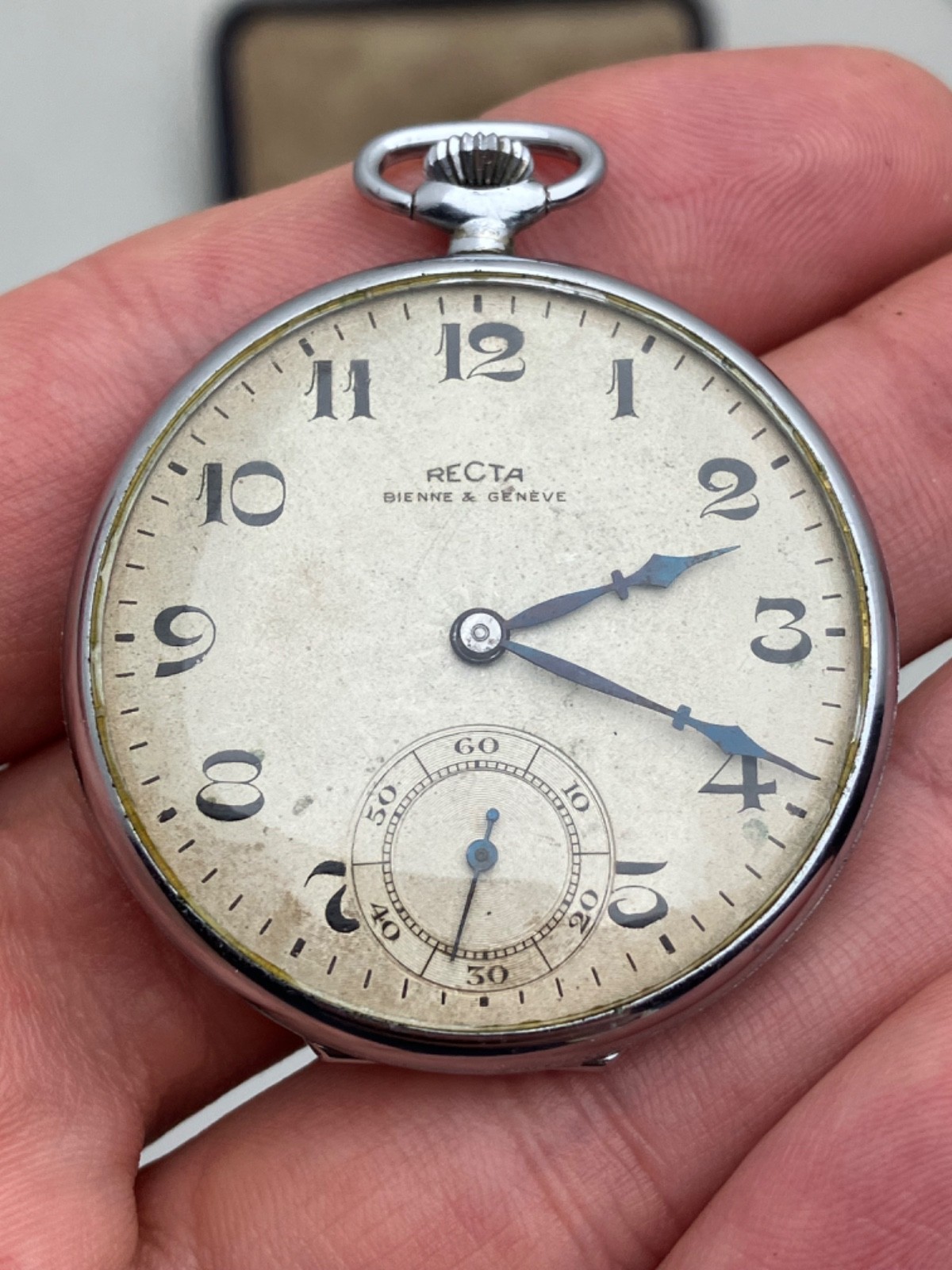 Recta Bienne &Geneve Vintage Pocket Watch BLUE JEWELS ! RARE! Works 23 Hours!