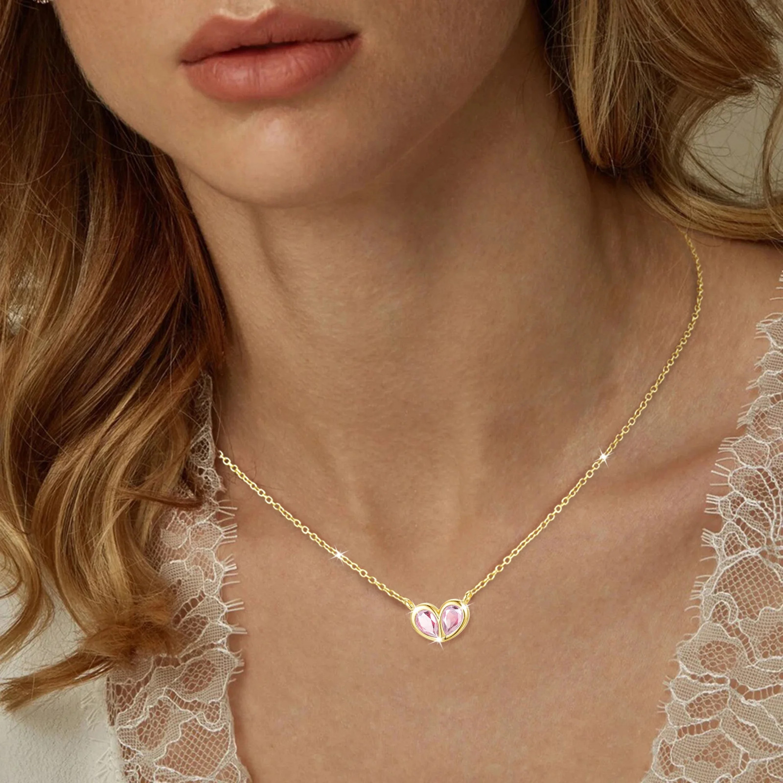 APSVO 18K Gold Plated Love Heart Necklaces for Women Girls Octorber Birthstone P