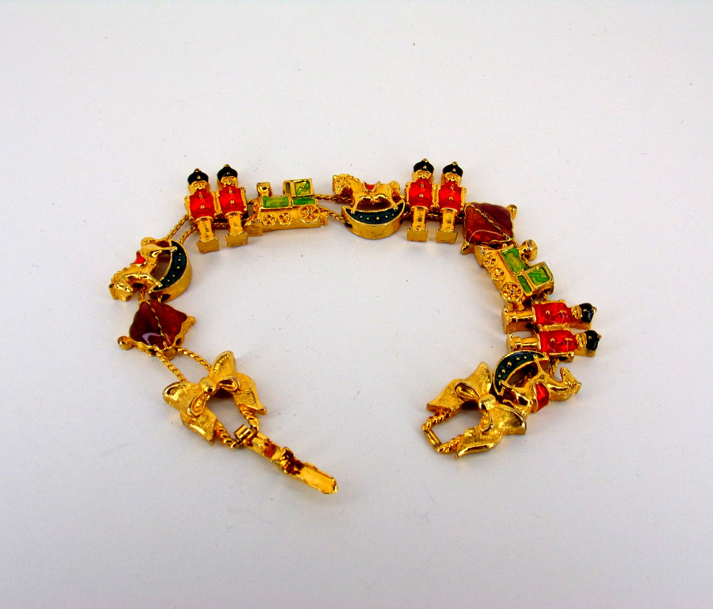 Vintage Christmas Gold Tone Signed S.P. Enamel Nutcracker Ornaments Bracelet