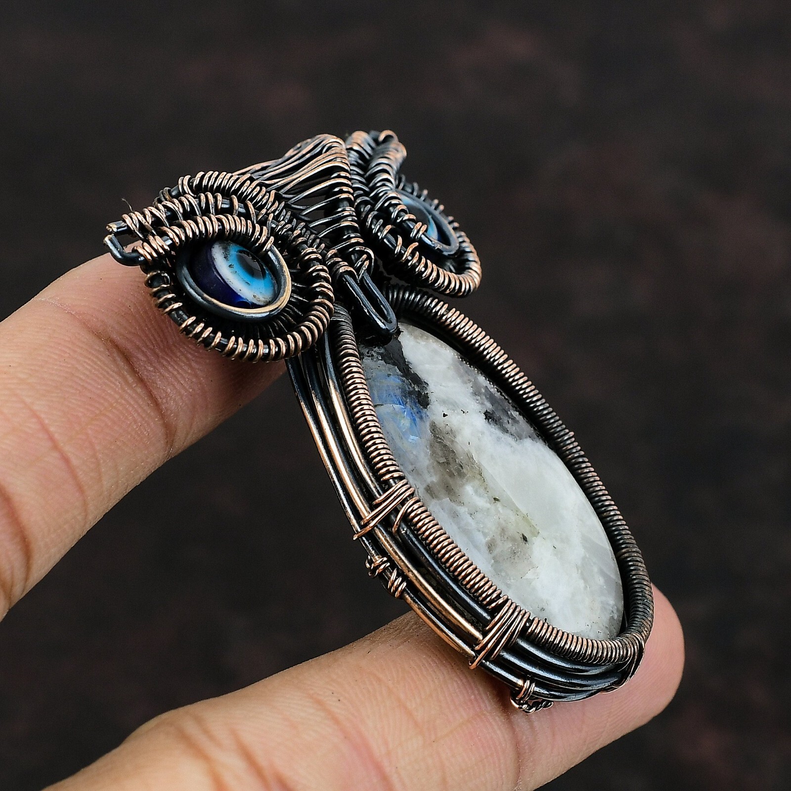 Rainbow Moonstone Wire Wrapped Owl Pendant Handcrafted Copper Unique Gift 2.36″