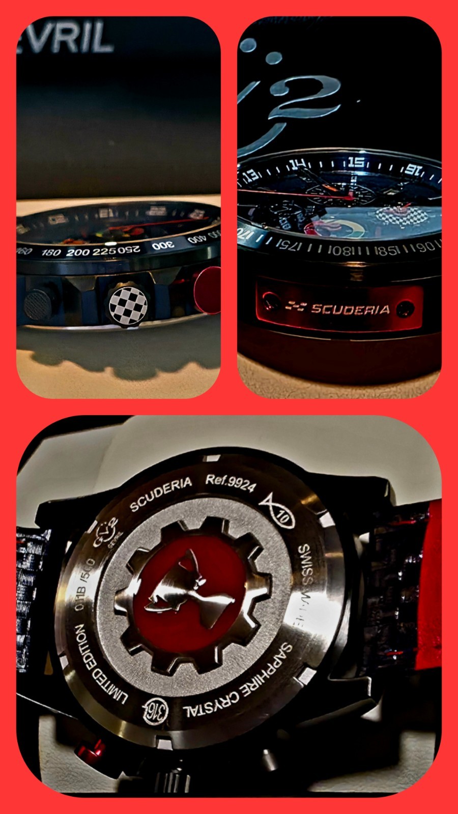 GEVRIL SCUDERIA SWISS MADE ⌚ TACHOMETER SAPPHIRE CRYSTAL CARBON FIBER BLUE ALARM