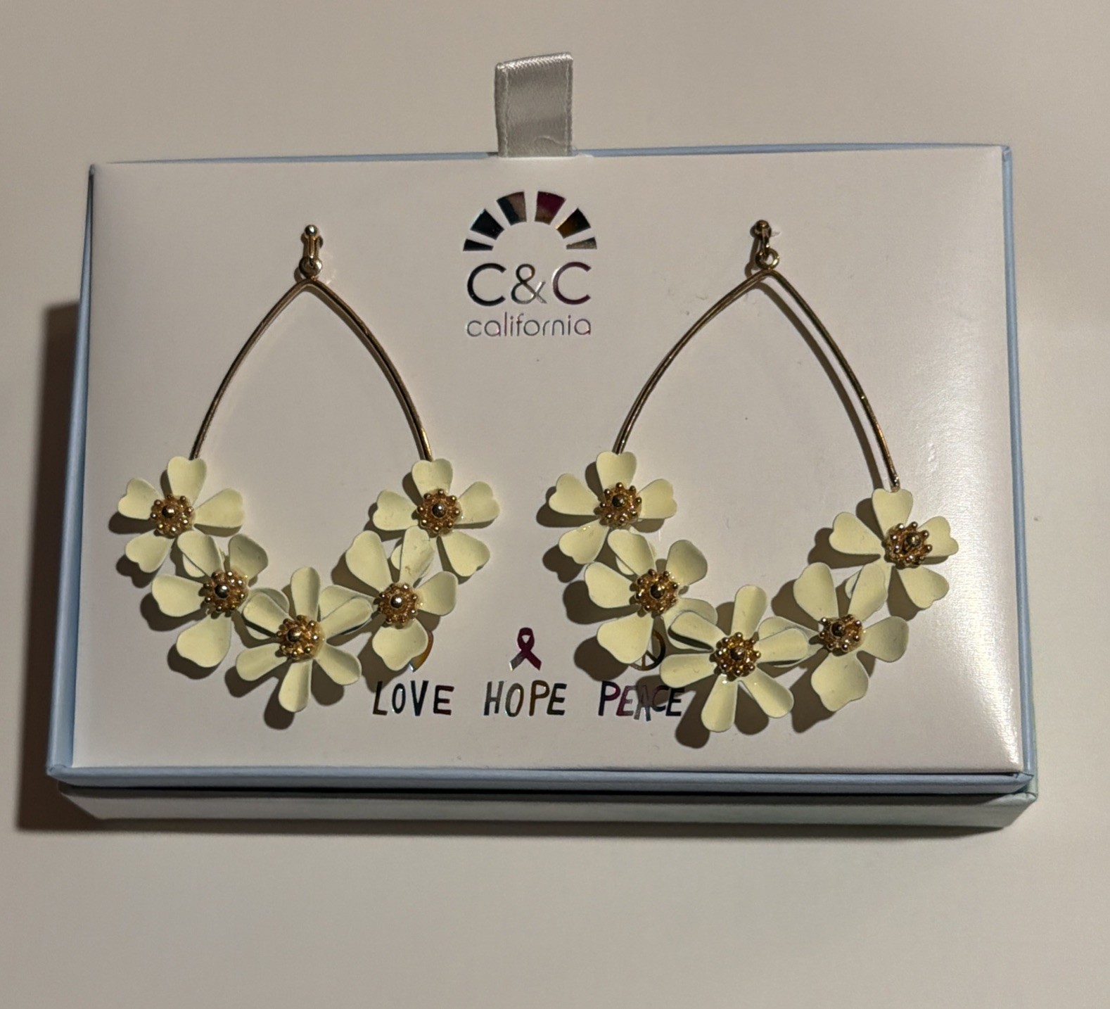 C&C California Earrings Gold Tone Drop Dangle Flower Accent Pierced NIB