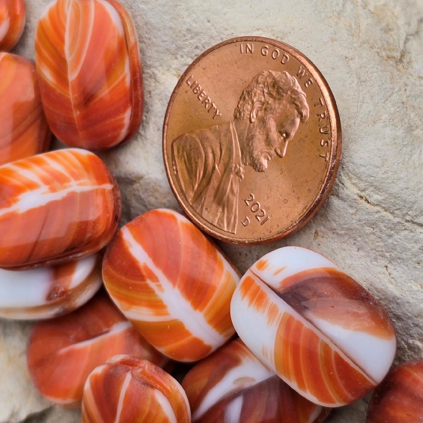 15 Terracotta Vintage Glass Bead Stones W/ Grooves For Wire Wrapping. No Holes