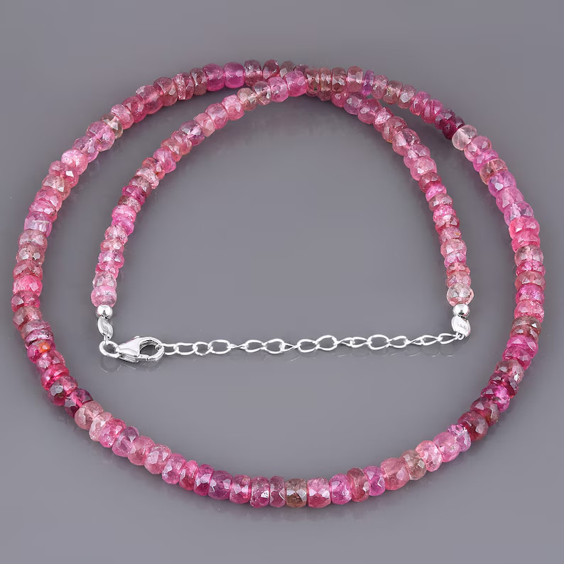 Natural Pink Tourmaline Beaded Necklace 18″ 925 Sterling Silver Handmade Gift