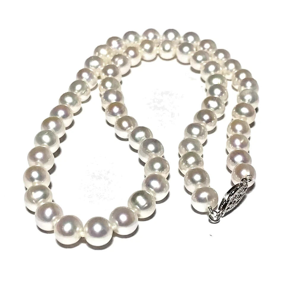 new Japanese Akoya 9-10mm white Pearl Necklace 18″ 14K Gold Clasp