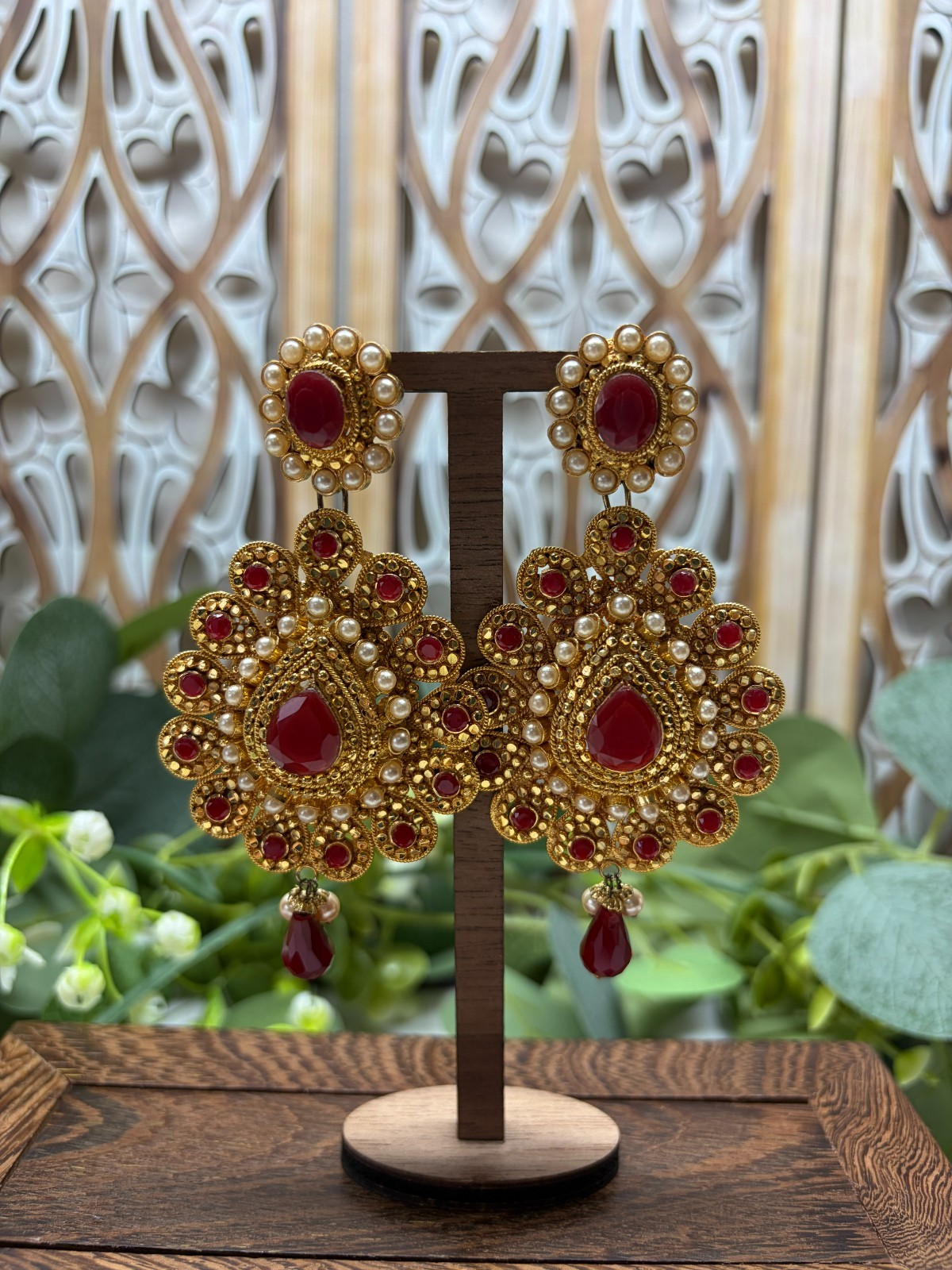 Heavy Ethnic Indian Style Gold & Red Tone Crystal Dangle Earrings – Occasion 40g