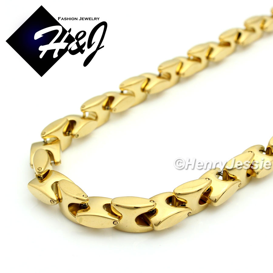 24″MEN Stainless Steel 8mm Gold Interlock Chain Cubic Zirconia Cross Pendant*D23
